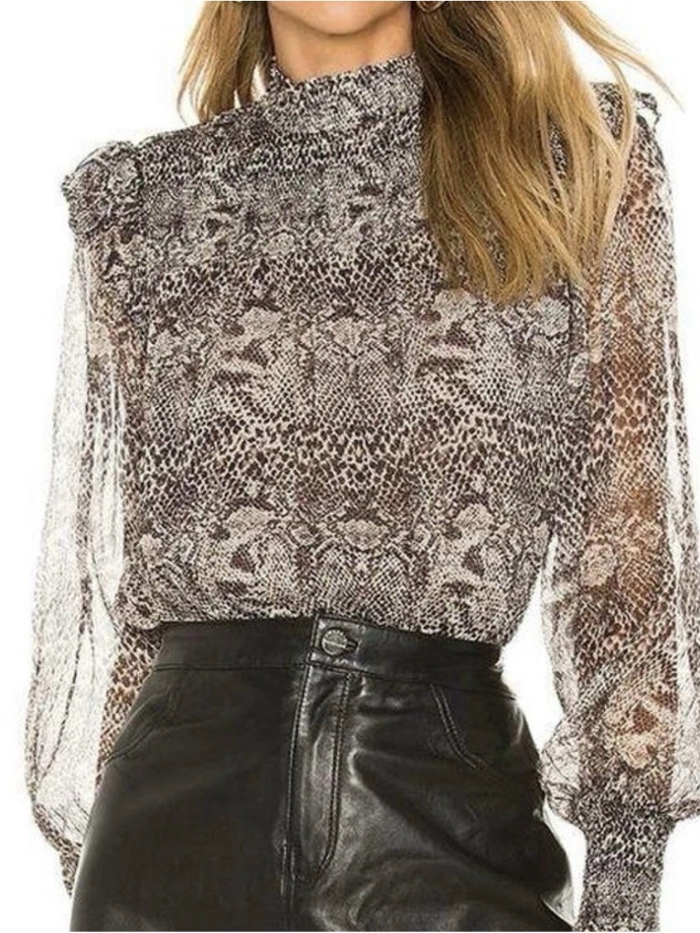 Free People Black & White Animal-Print Long Sleeve Blouse